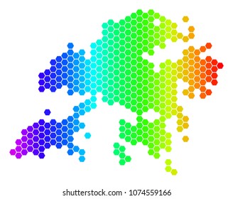 Spectrum Hexagonal Hong Kong Map. Vector geographic map in bright colors on a white background. Spectrum has horizontal gradient. Color vector collage of Hong Kong Map combined of hexagon blots.