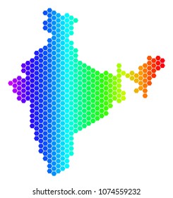 Spectrum Hexagonal India Map. Vector geographic map in bright colors on a white background. Spectrum has horizontal gradient. Multicolored vector pattern of India Map done of hexagonal blots.
