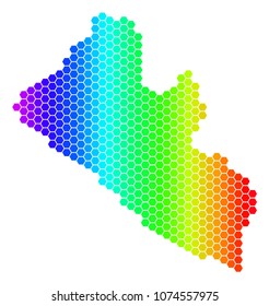 Spectrum Hexagonal Liberia Map. Vector geographic map in bright colors on a white background. Spectrum has horizontal gradient. Multicolored vector concept of Liberia Map organized of hexagon spots.