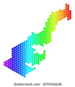 Spectrum Hexagonal Monaco Map. Vector geographic map in bright colors on a white background. Spectrum has horizontal gradient. Colorful vector mosaic of Monaco Map organized of hexagon spots.