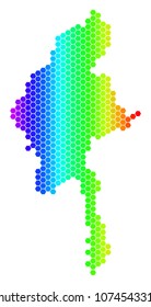 Spectrum Hexagonal Myanmar Map. Vector geographic map in bright colors on a white background. Spectrum has horizontal gradient. Colorful vector mosaic of Myanmar Map constructed of hexagon items.