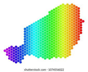 Spectrum Hexagonal Niger Map. Vector geographic map in bright colors on a white background. Spectrum has horizontal gradient. Color vector pattern of Niger Map designed of hexagon spots.