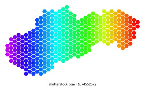Spectrum Hexagonal Slovakia Map. Vector geographic map in bright colors on a white background. Spectrum has horizontal gradient. Color vector concept of Slovakia Map designed of hexagon elements.