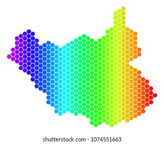Spectrum Hexagonal South Sudan Map. Vector geographic map in bright colors on a white background. Spectrum has horizontal gradient. Color vector pattern of South Sudan Map composed of hexagonal items.