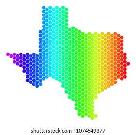 Spectrum Hexagonal Texas Map. Vector geographic map in bright colors on a white background. Spectrum has horizontal gradient. Colored vector composition of Texas Map organized of hexagon items.