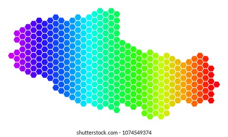 Spectrum Hexagonal Tibet Chinese Territory Map. Vector geographic map in bright colors on a white background. Spectrum has horizontal gradient.