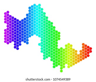 Spectrum Hexagonal Tilos Greek Island Map. Vector geographic map in bright colors on a white background. Spectrum has horizontal gradient.