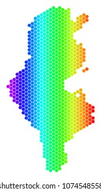 Spectrum Hexagonal Tunisia Map. Vector geographic map in bright colors on a white background. Spectrum has horizontal gradient. Color vector mosaic of Tunisia Map organized of hexagon blots.