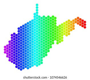 Spectrum Hexagonal West Virginia State Map. Vector geographic map in bright colors on a white background. Spectrum has horizontal gradient.