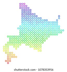 Spectrum Hokkaido Island Map. Vector geographic map in bright rainbow color color tints. Spectrum has vertical gradient. Colored vector collage of Hokkaido Island Map organized of round elements.