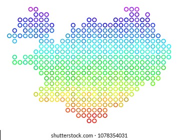 Spectrum Iceland Map. Vector geographic map in bright rainbow color hues. Spectrum has vertical gradient. Colored vector concept of Iceland Map constructed of empty circles.