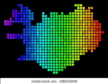 Spectrum Iceland Map. Vector territory plan in bright spectral color tints on a black background. Abstract Iceland Map collage is combined with colorful rectangle spots.
