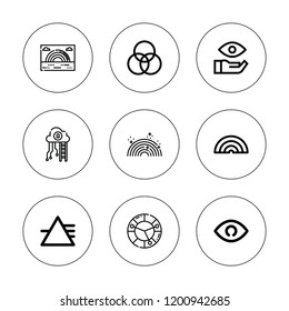 Spectrum icon set. collection of 9 outline spectrum icons with color wheel, eye, rainbow, rgb icons. editable icons.