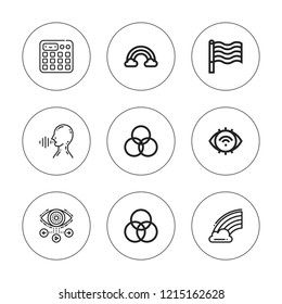 Spectrum icon set. collection of 9 outline spectrum icons with eye, rainbow, rgb, sampler icons. editable icons.