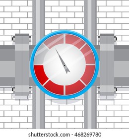 Spectrum indicator on the pipe. Index and pointer arrow, measure pressure or temperature. Vector illustration