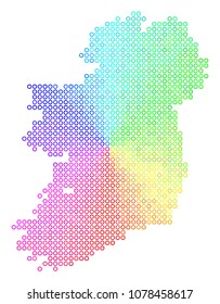 Spectrum Ireland Island Map. Vector geographic map in bright rainbow color color tints. Spectrum has circular gradient. Multicolored vector collage of Ireland Island Map created of circle elements.