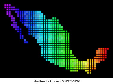 Spectrum Mexico Map. Vector geographic map in bright rainbow color tones on a black background. Abstract Mexico Map collage is designed of color square dots.