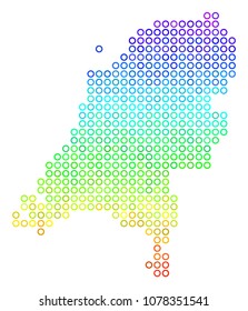 Spectrum Netherlands Map. Vector geographic map in bright spectrum color tones. Spectrum has vertical gradient. Bright vector mosaic of Netherlands Map composed of round elements.