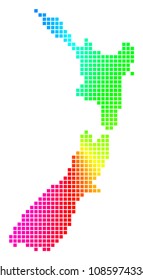 Spectrum New Zealand map. Vector pixel geographic map in bright spectrum colors with circular gradient. Multicolored vector mosaic of New Zealand map formed with regular rectangle small elements.