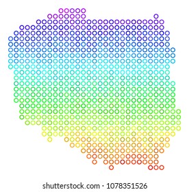 Spectrum Poland Map. Vector geographic map in bright spectral color tinges. Spectrum has vertical gradient. Colorful vector pattern of Poland Map designed of round elements.