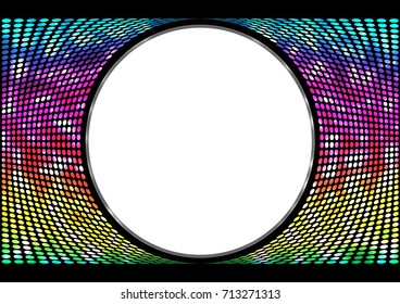 Spectrum rainbow, iridescent background of circles. Round abstract banner on black background. Template for paste text in center. Vector illustration with soft glow