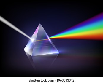 Spectrum refraction. Glass pyramid prism low poly abstract concept glow light refraction inside transparent geometrical form decent vector rainbow
