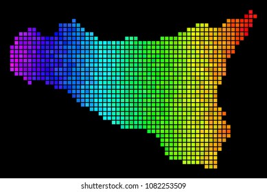 Spectrum Sicilia Map. Vector geographic plan in bright spectrum color tones on a black background. Abstract Sicilia Map collage is combined of color square pixels.