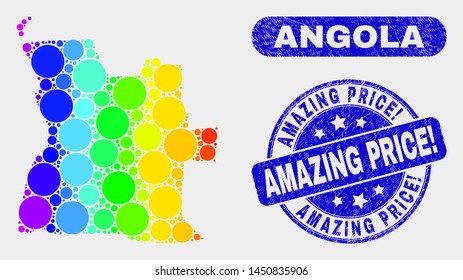 Spectrum spotted Angola map and seal stamps. Blue rounded Amazing Price! distress watermark. Gradiented spectrum Angola map mosaic of scattered small spheres.