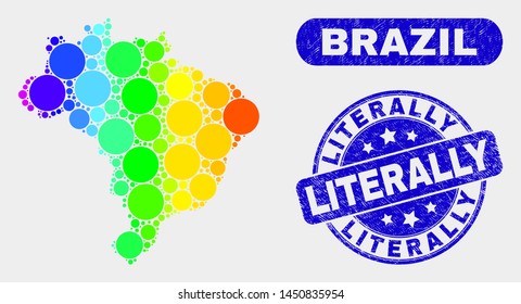Spectrum spotted Brazil map and rubber prints. Blue rounded Literally distress seal stamp. Gradiented spectrum Brazil map mosaic of scattered circle. Literally seal with distress texture.