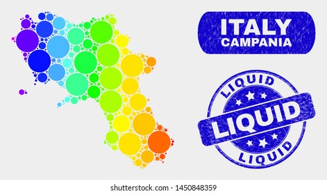 Spectrum spotted Campania region map and seal stamps. Blue round Liquid textured watermark. Gradient spectrum Campania region map mosaic of random circle elements. Liquid seal with distress texture.