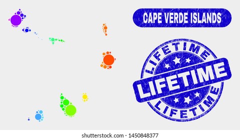 Spectrum spotted Cape Verde Islands map and seal stamps. Blue round Lifetime scratched seal stamp. Gradient rainbow colored Cape Verde Islands map mosaic of random small spheres.