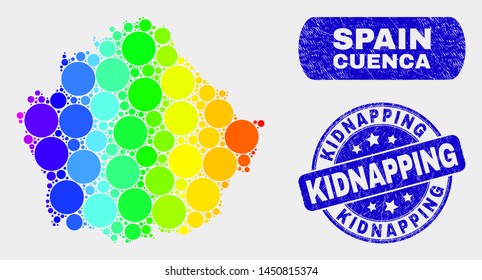 Spectrum spotted Cuenca Province map and watermarks. Blue rounded Kidnapping scratched seal stamp. Gradiented spectrum Cuenca Province map mosaic of random circle.