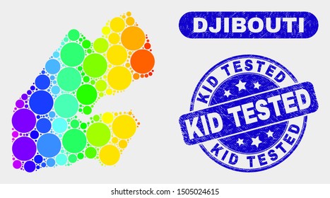 Spectrum spotted Djibouti map and stamps. Blue rounded Kid Tested grunge seal stamp. Gradiented spectrum Djibouti map mosaic of scattered round elements. Kid Tested seal stamp with grunged surface.