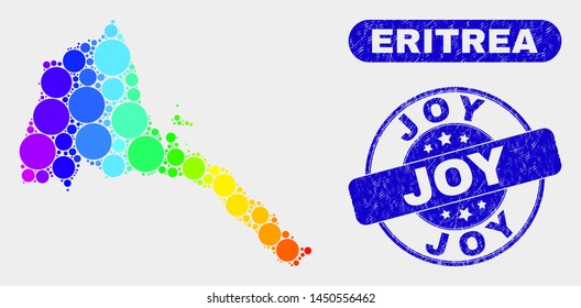 Spectrum spotted Eritrea map and rubber prints. Blue round Joy textured seal stamp. Gradiented spectrum Eritrea map mosaic of scattered round elements. Joy stamp with scratched surface.