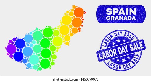 Spectrum spotted Granada Province map and seal stamps. Blue rounded Labor Day Sale scratched seal stamp. Gradient spectrum Granada Province map mosaic of randomized circle dots.