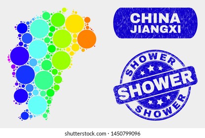 Spectrum spotted Jiangxi Province map and seal stamps. Blue round Shower distress stamp. Gradiented spectrum Jiangxi Province map mosaic of randomized round dots. Shower stamp with scratched texture.