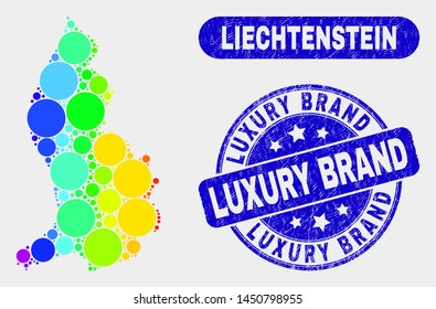 Spectrum spotted Liechtenstein map and rubber prints. Blue round Luxury Brand textured stamp. Gradiented spectrum Liechtenstein map mosaic of scattered round dots.