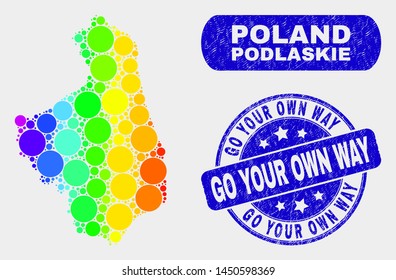 Spectrum spotted Podlaskie Voivodeship map and seals. Blue round Go Your Own Way distress seal stamp. Gradient spectrum Podlaskie Voivodeship map mosaic of randomized small spheres.