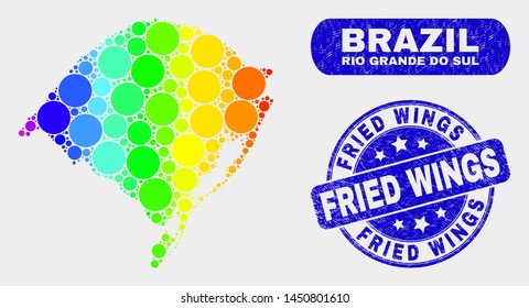 Spectrum spotted Rio Grande do Sul State map and rubber prints. Blue round Fried Wings distress seal. Gradiented spectrum Rio Grande do Sul State map mosaic of random small spheres.