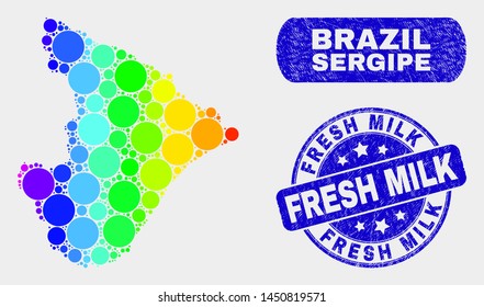 Spectrum spotted Sergipe State map and seals. Blue round Fresh Milk textured watermark. Gradiented spectrum Sergipe State map mosaic of scattered round elements.