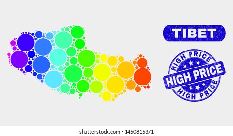 Spectrum spotted Tibet map and rubber prints. Blue round High Price distress seal stamp. Gradient spectral Tibet map mosaic of random round dots. High Price seal stamp with distress surface.