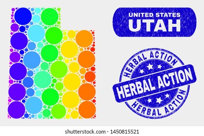 Spectrum spotted Utah State map and seals. Blue rounded Herbal Action scratched seal stamp. Gradient spectrum Utah State map mosaic of randomized round dots.