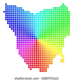 Spectrum Tasmania Island map. Vector pixelated geographic scheme in bright spectral colors with circular gradient. Color vector mosaic of Tasmania Island map composed with regular rectangle dots.