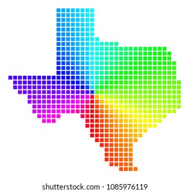 Spectrum Texas map. Vector dotted geographic plan in bright spectral colors with circular gradient. Multicolored vector composition of Texas map made from regular square pixels.