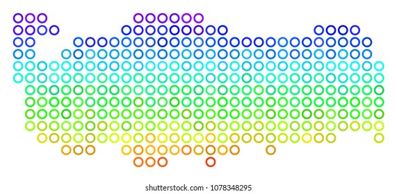 Spectrum Turkey Map. Vector geographic map in bright spectrum color color tints. Spectrum has vertical gradient. Colored vector composition of Turkey Map done of small circles.