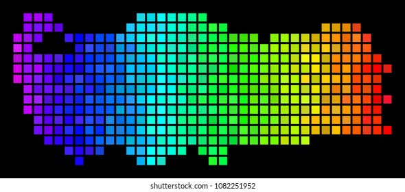 Spectrum Turkey Map. Vector territorial plan in luminous spectrum color hues on a black background. Abstract Turkey Map mosaic is constructed with multicolored square pixels.