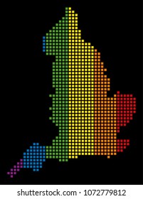 Spectrum vector abstract collage of England Map designed of rounded square items. Vector homosexual tolerance geographic map in LGBT flag color variations on a black background.
