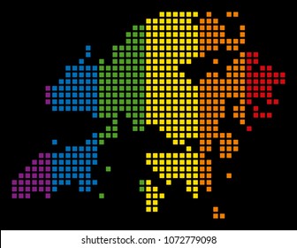Spectrum vector abstract collage of Hong Kong Map created of rounded square elements. Vector homosexual tolerance geographic map in LGBT flag color shades on a black background.
