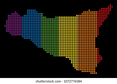 Spectrum vector abstract collage of Sicilia Map constructed of rounded square items. Vector homosexual tolerance geographic map in LGBT flag color tones on a black background.