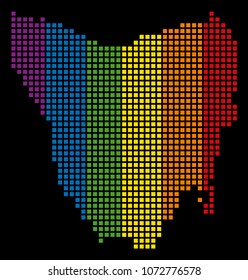 Spectrum vector abstract collage of Tasmania Island Map created of rounded square items. Vector homosexual tolerance geographic map in LGBT flag color tinges on a black background.